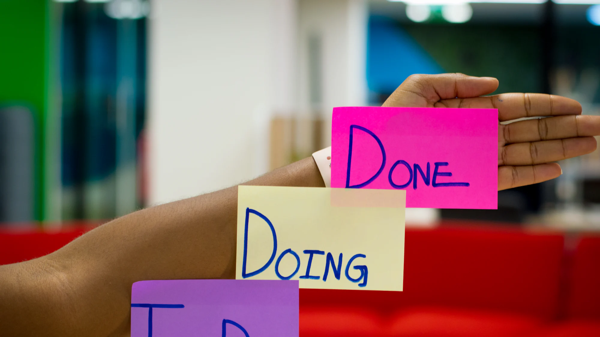 Sticky notes on a wall reading To Do, Doing and Done