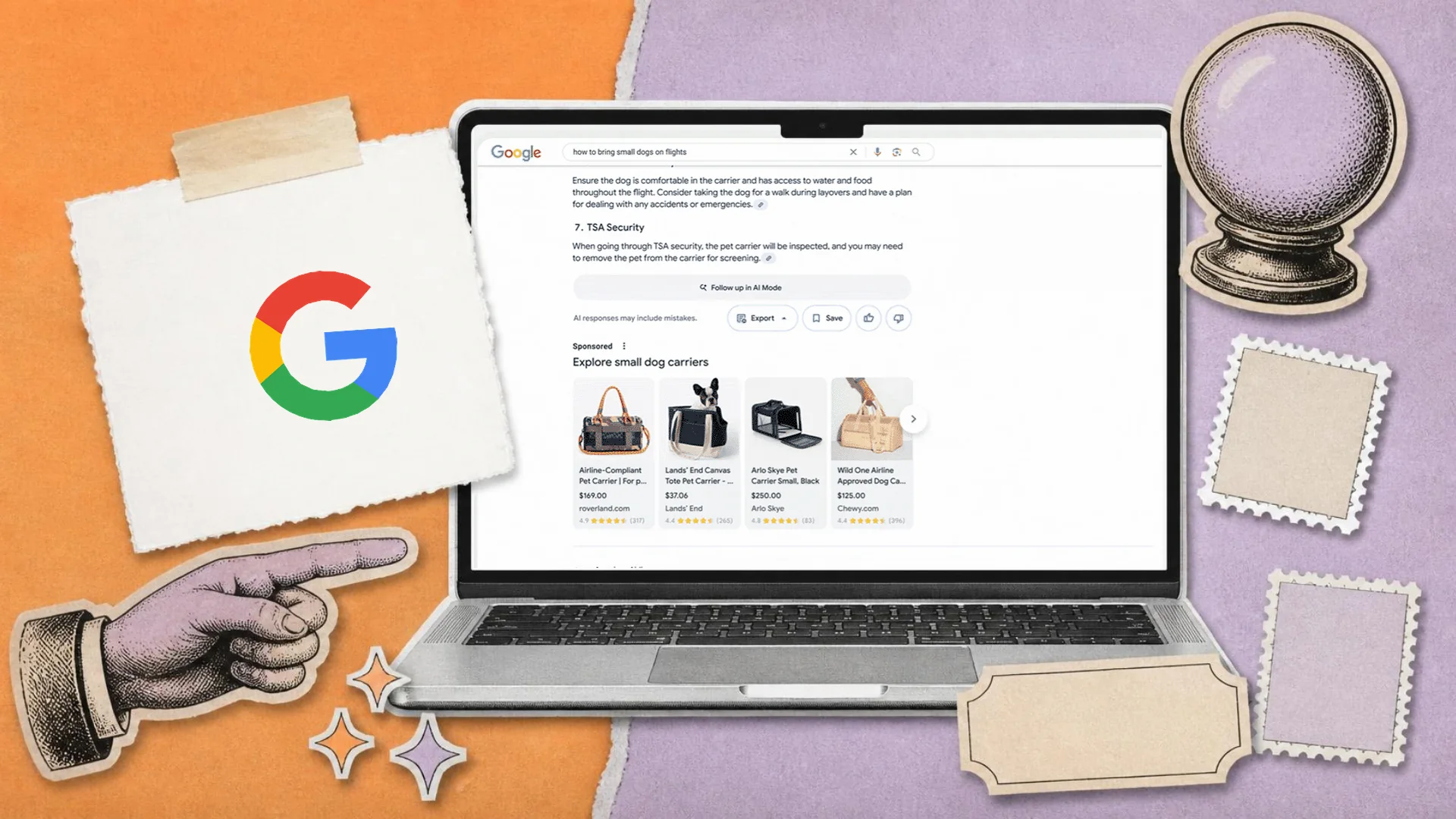 A torn paper collage on orange and lilac paper of a laptop showing sponsored product ads inside a Google AI Overview, beside a pointing hand, a crystal ball and the Google logo on a tag
