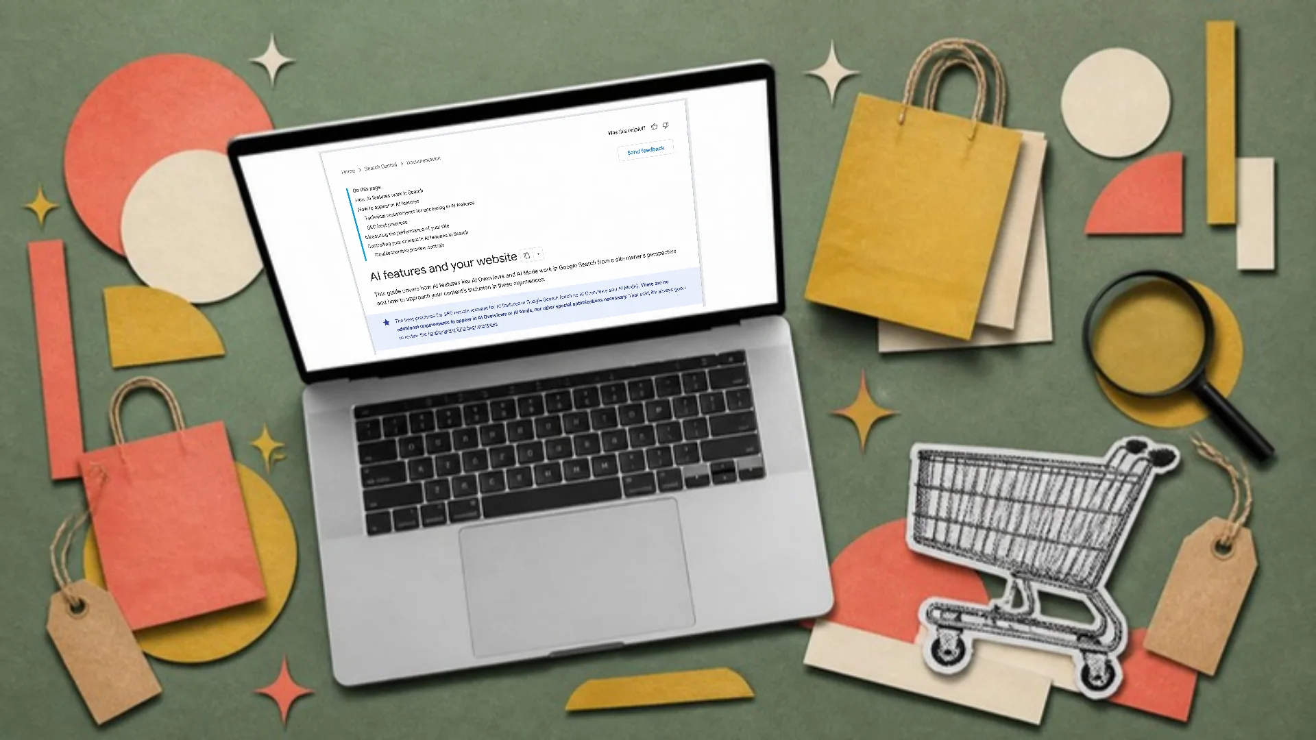A sage green paper collage of a laptop showing Google's guide to AI features and your website, surrounded by shopping bags, price tags, a magnifying glass and a trolley