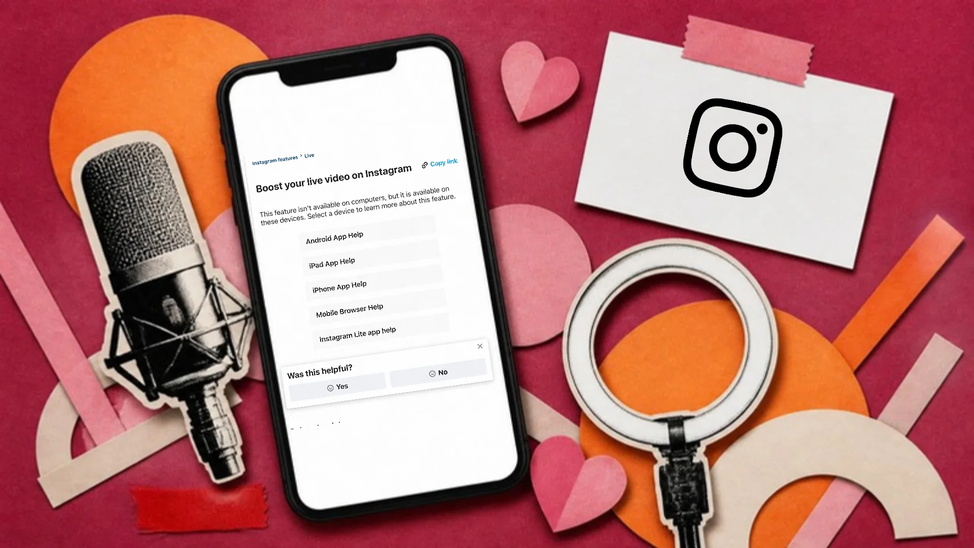 A paper collage on magenta of a phone showing Instagram's help page for boosting a live video, beside a studio microphone and a ring light, with the Instagram logo on a tag