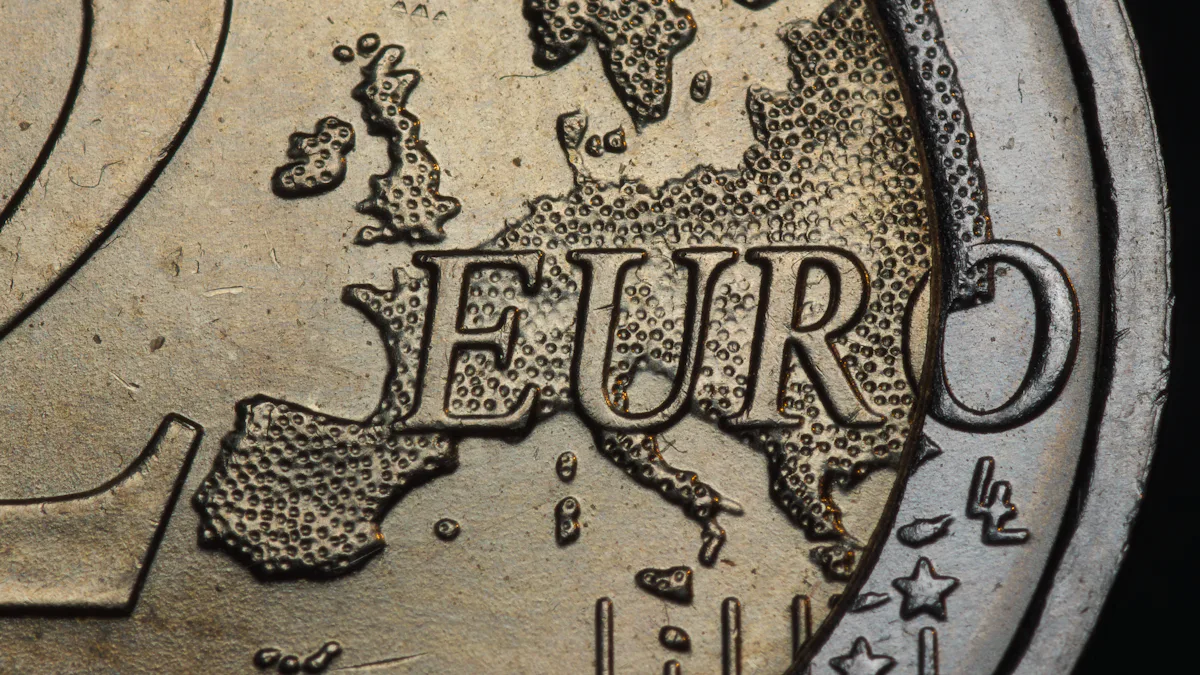 A close-up of a two euro coin showing the map of Europe