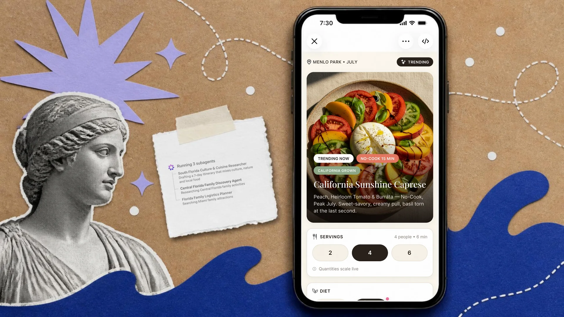 A cut-paper collage on kraft card of a phone showing a Meta AI daily briefing, beside a marble bust of a muse and a paper tag printed with Meta AI running three subagents