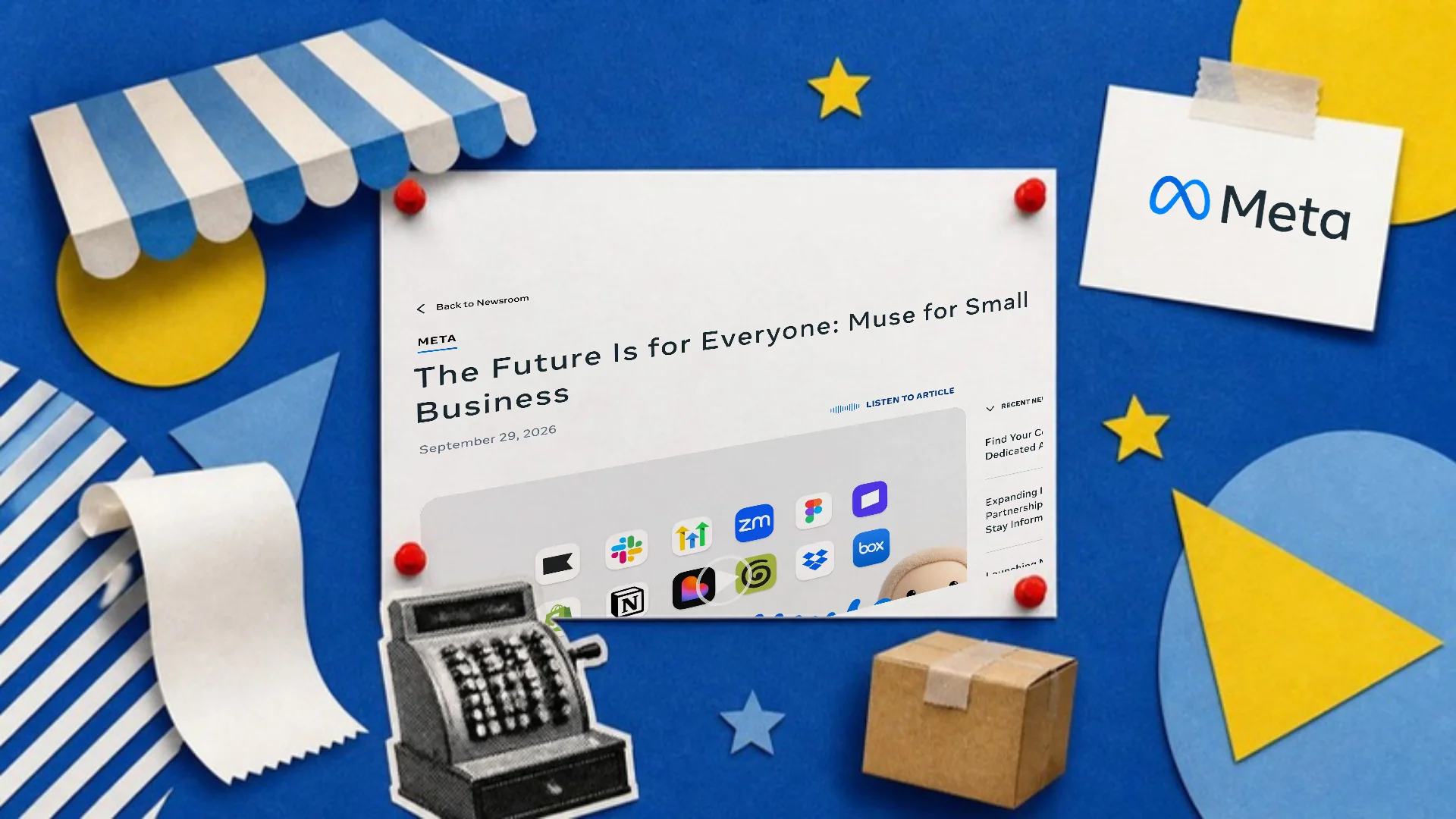 A cobalt blue paper collage of a pinned poster showing Meta's Muse for Small Business announcement, beside a shop awning, a till receipt and a cash register, with the Meta logo on a tag