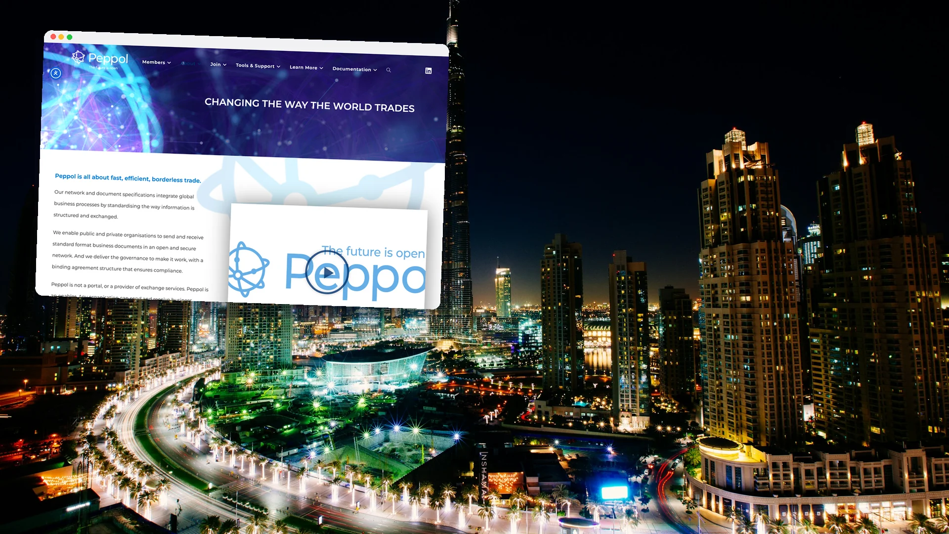 Downtown Dubai and the Burj Khalifa lit up at night, with a window showing OpenPeppol's About page