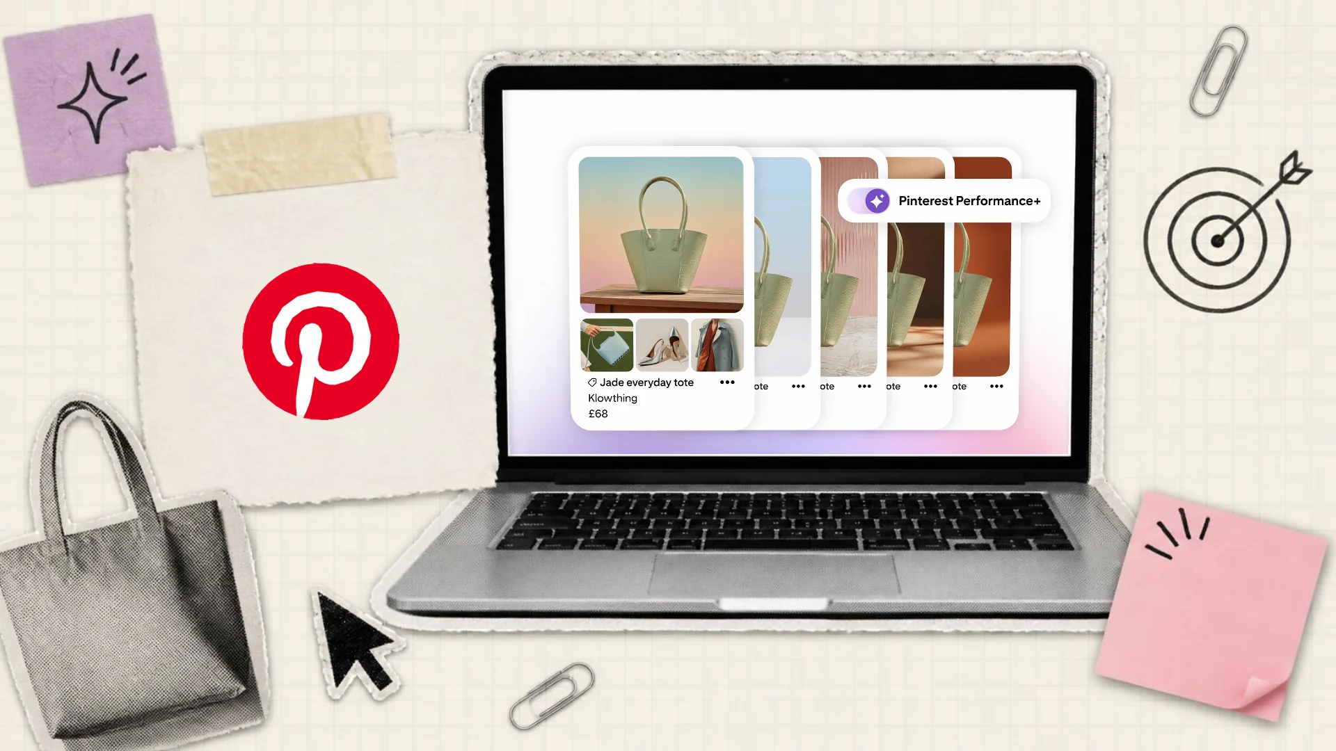A paper collage of a laptop showing Pinterest Performance+ ad versions of a green tote bag, beside the Pinterest logo on a taped tag