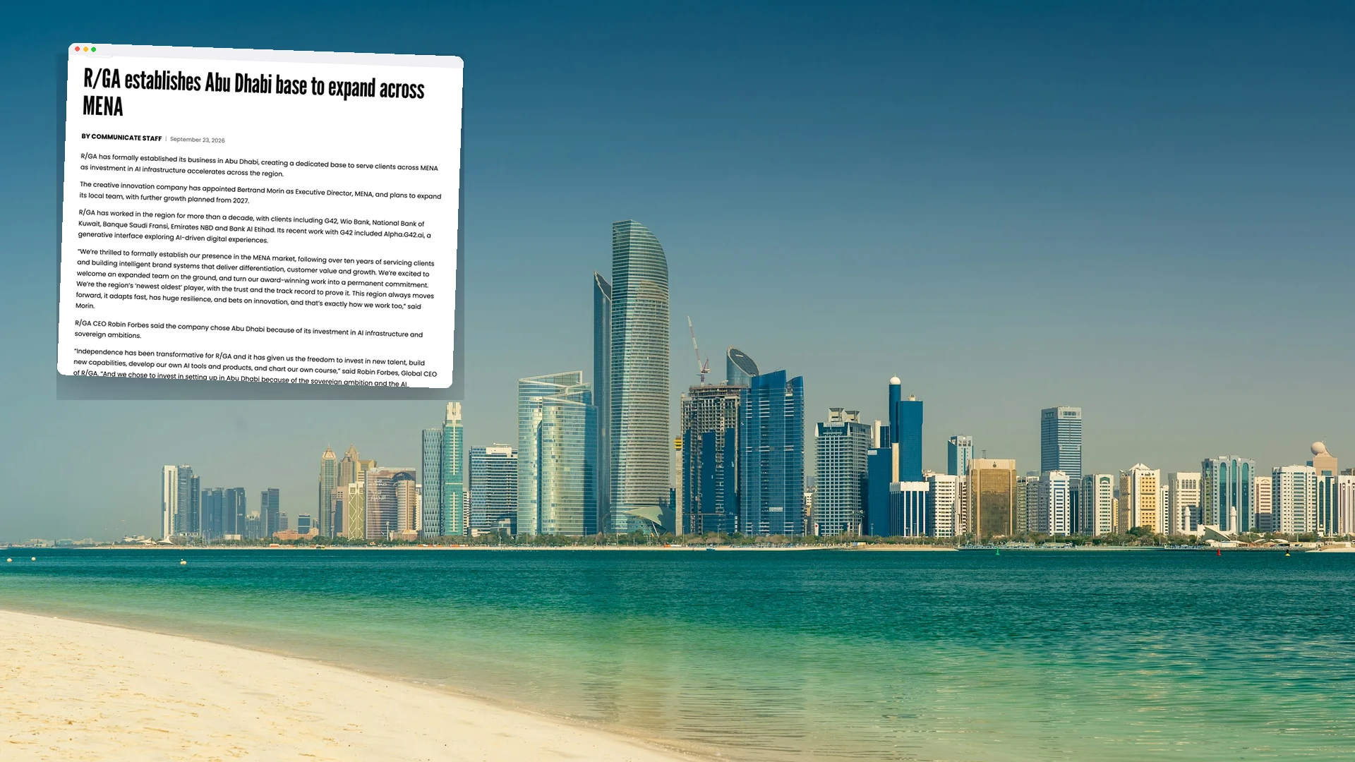 The Abu Dhabi skyline seen across the water from a beach, with a window showing Communicate's report on R/GA establishing an Abu Dhabi base