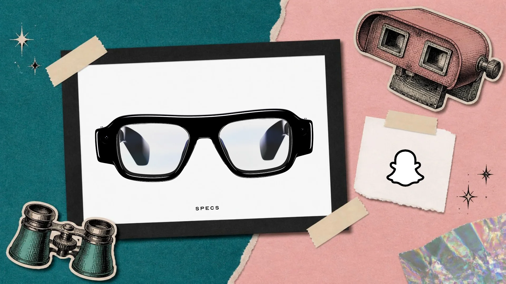 A torn paper collage on teal and pink paper of a framed product photo of Snap's Specs glasses, beside a vintage stereoscope, opera glasses and the Snapchat logo on a tag