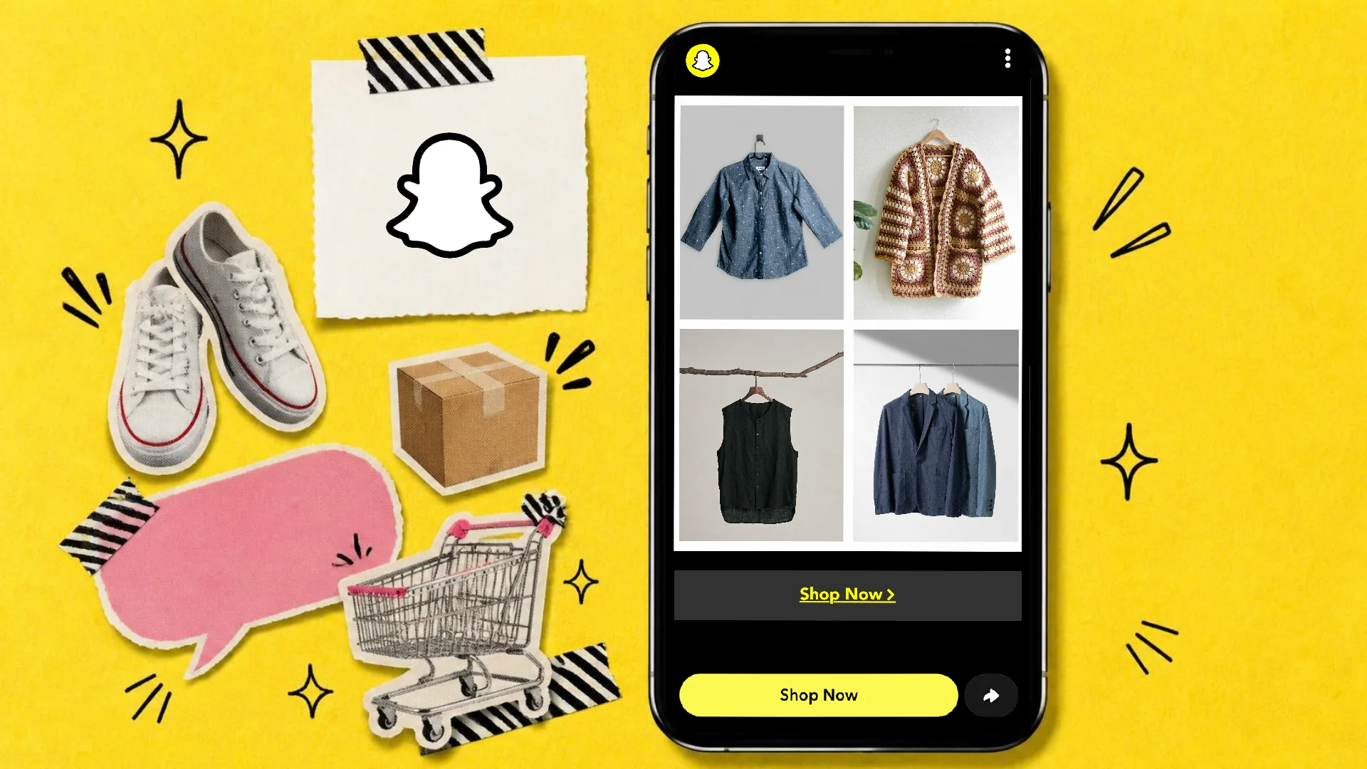 A colour paper collage on yellow paper of a phone showing Snapchat product ads with a Shop Now button, beside sneakers, a shopping cart and the Snapchat logo on a tag