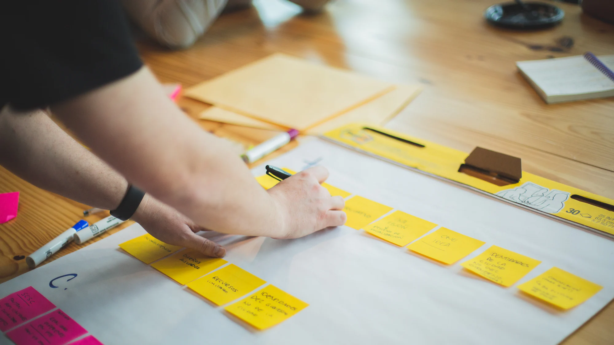 Hands arranging sticky notes on a large sheet of paper