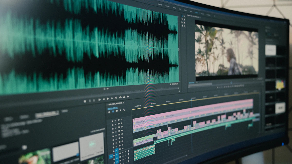 A video editing screen with a large audio waveform above a timeline of clips