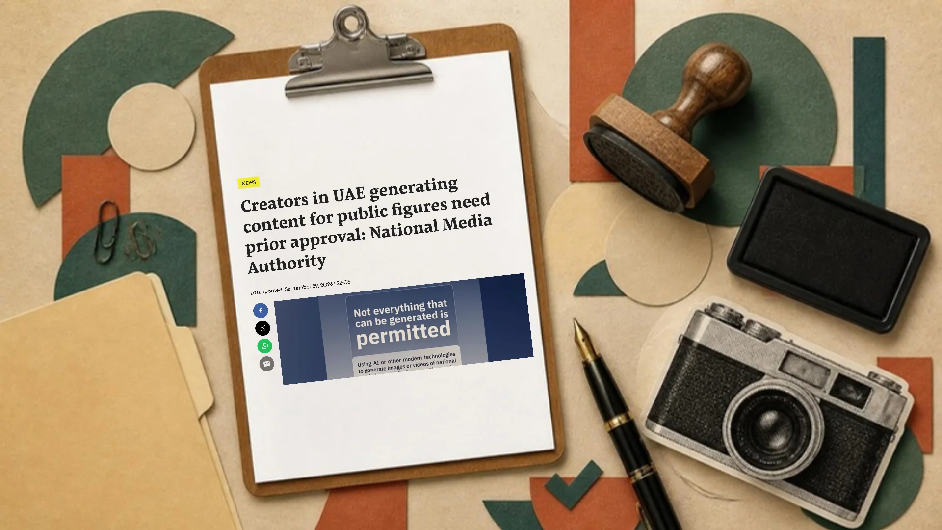 A sand coloured paper collage of a clipboard holding a news page about creators needing prior approval for content of public figures, beside a rubber stamp, an ink pad and a camera