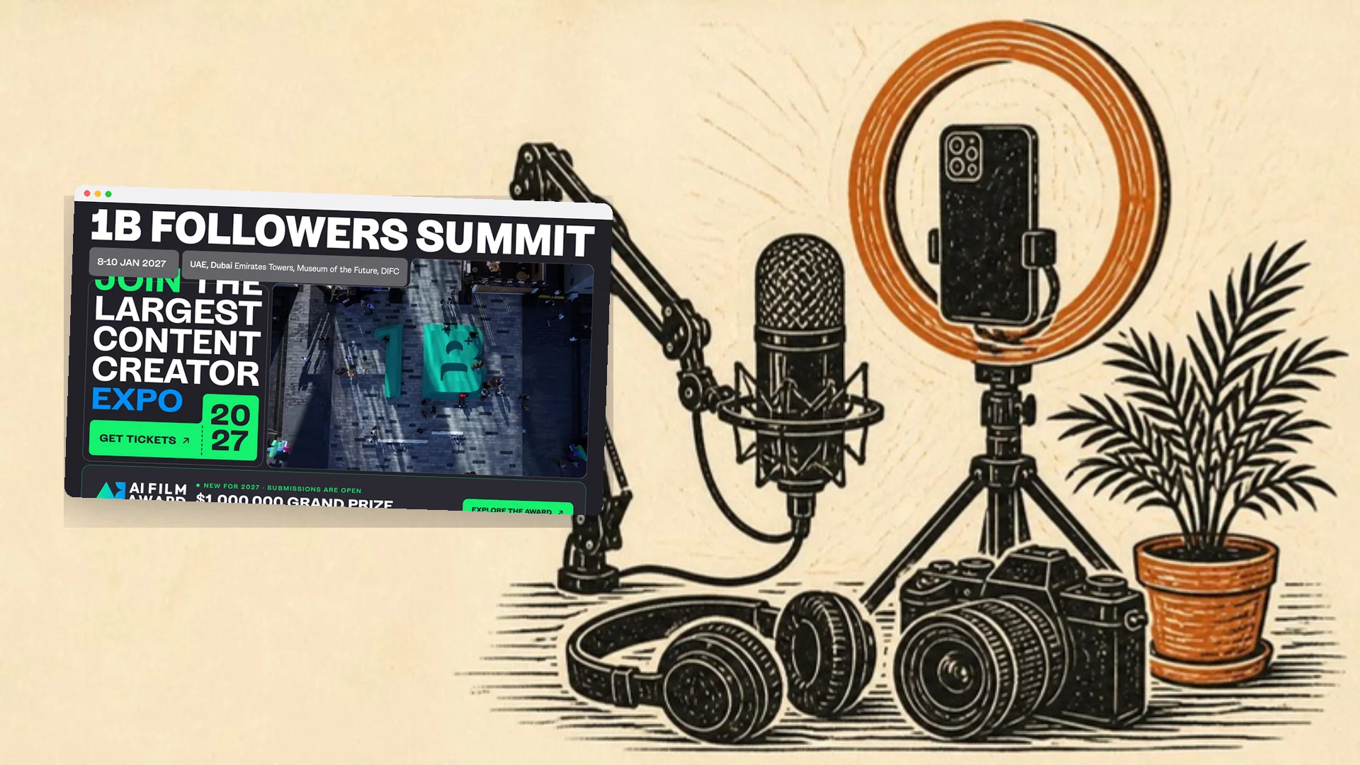 A linocut print of creator gear, a podcast microphone, a phone in a ring light, a camera and headphones, beside a window showing the 1 Billion Followers Summit 2027 website