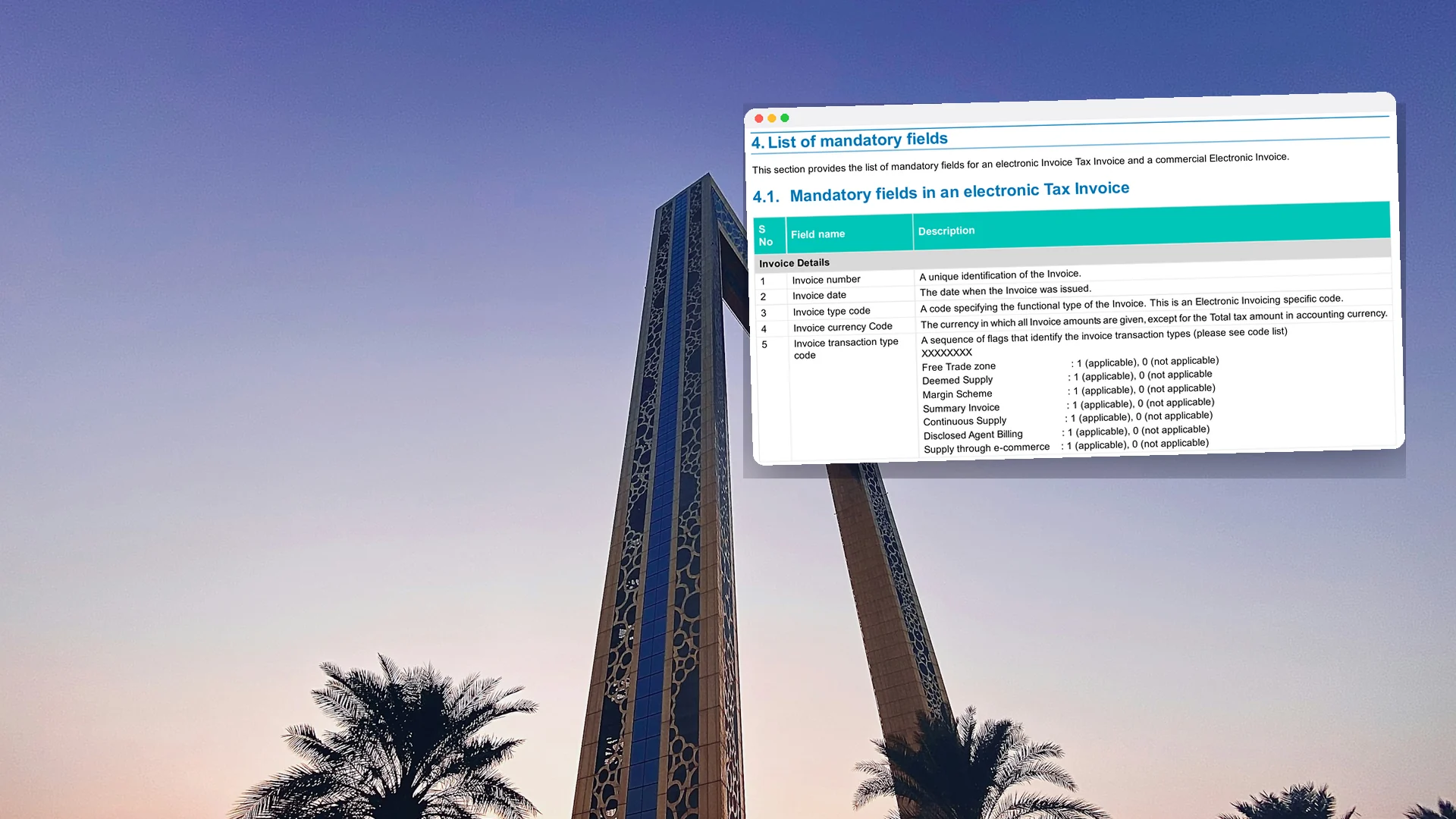 The Dubai Frame against a violet evening sky, with a window showing the mandatory fields table from the Ministry of Finance's e-invoice field list