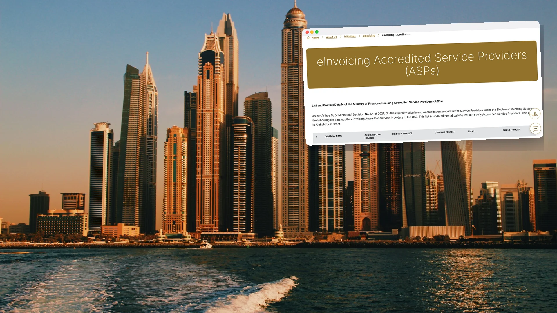 Dubai Marina towers at golden hour seen from the water, with a window showing the Ministry of Finance's list of accredited e-invoicing service providers