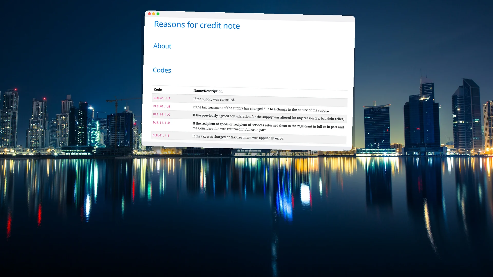 Dubai towers reflected in still water at night, with a window showing the PINT AE list of reasons for a credit note