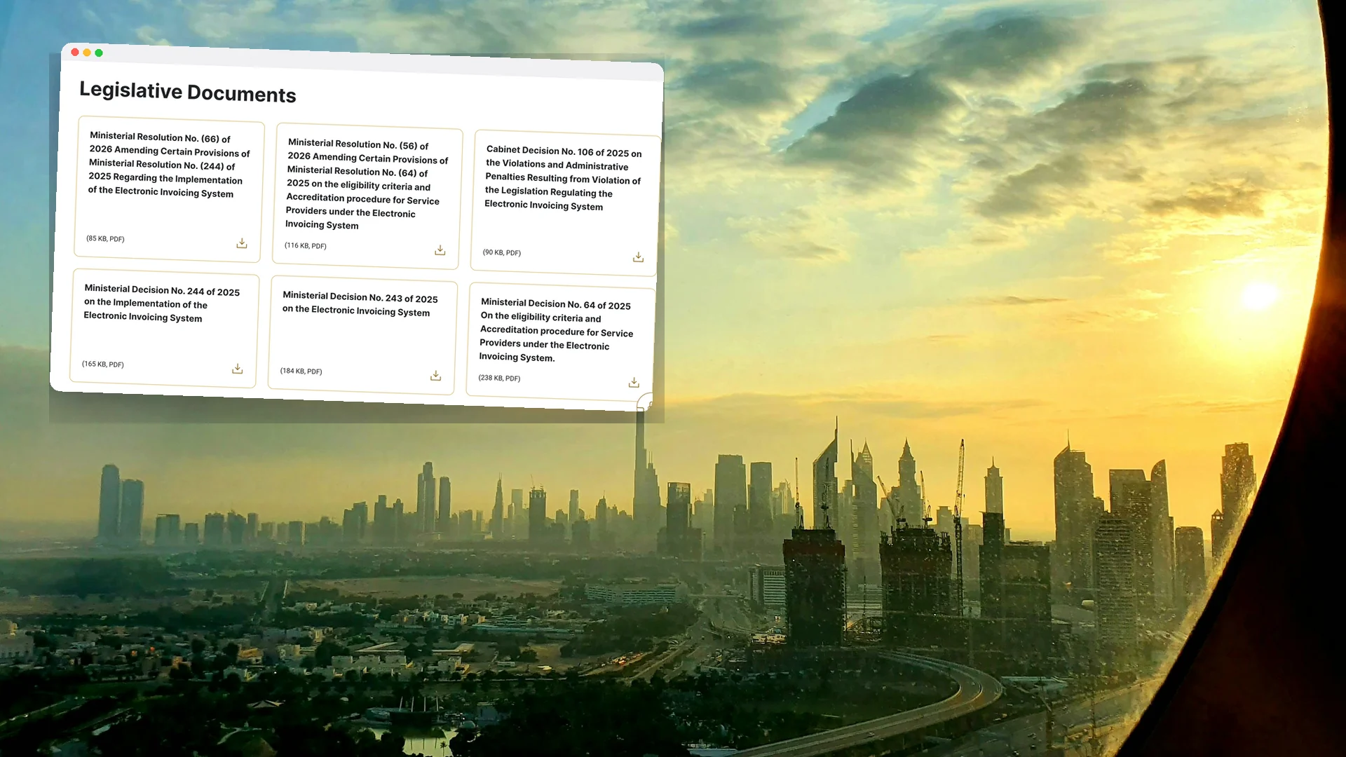 The Dubai skyline at sunrise seen through a curved window, with a window showing the legislative documents on the Ministry of Finance's e-invoicing page