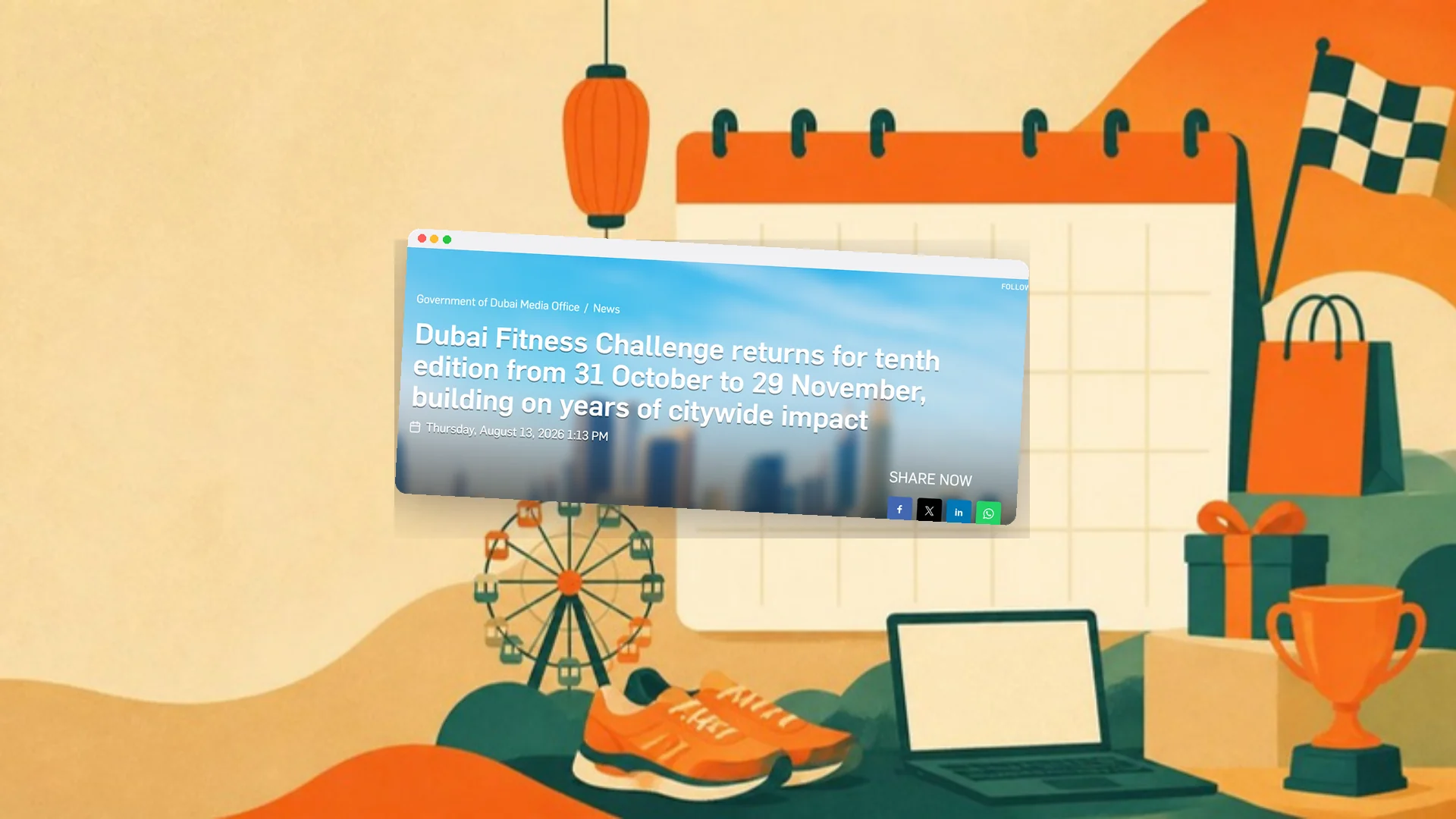A flat illustration of a blank wall calendar surrounded by running shoes, a lantern, a racing flag, a ferris wheel and a trophy, with a window showing Dubai Media Office's Dubai Fitness Challenge announcement