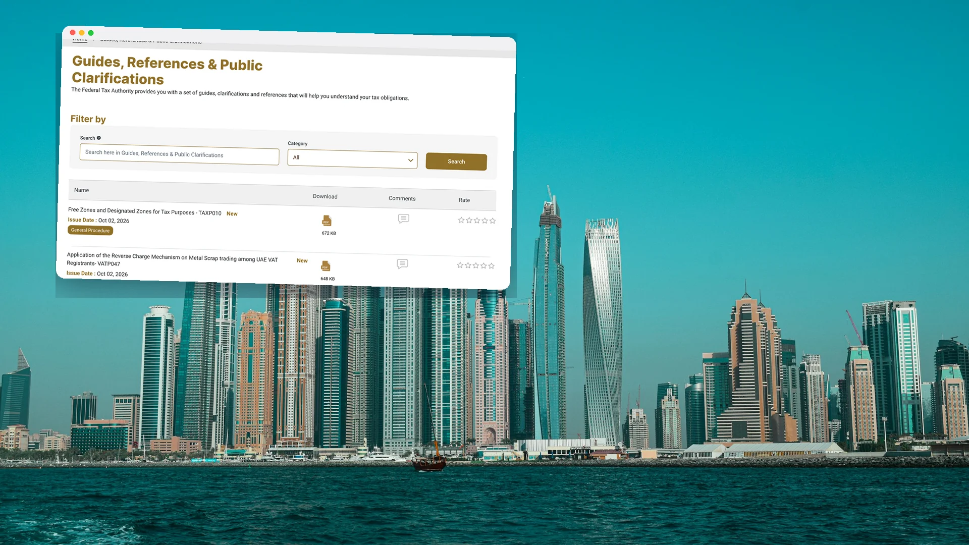 The Dubai Marina skyline across the sea under a teal sky, with a window showing the Federal Tax Authority's guides and public clarifications page