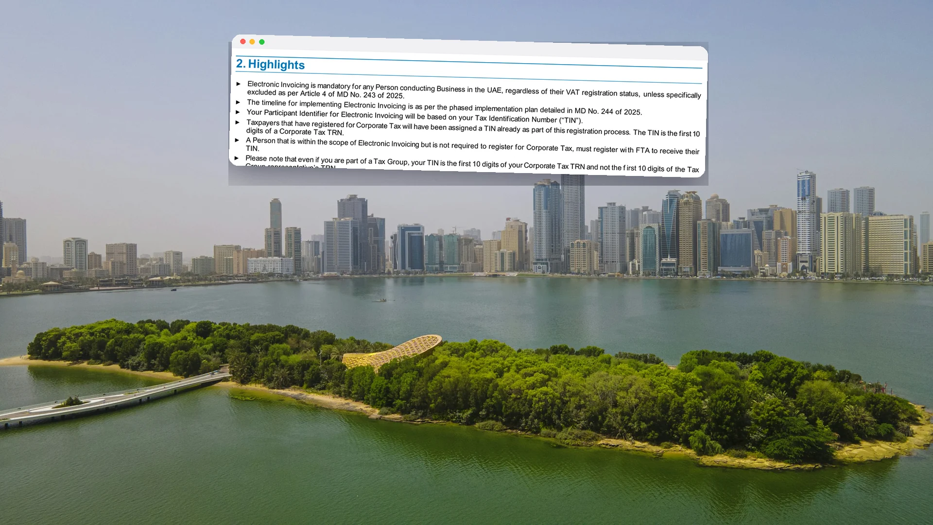 Al Noor Island and the Sharjah skyline, with a window showing the Ministry of Finance's note on the TIN and the corporate tax TRN