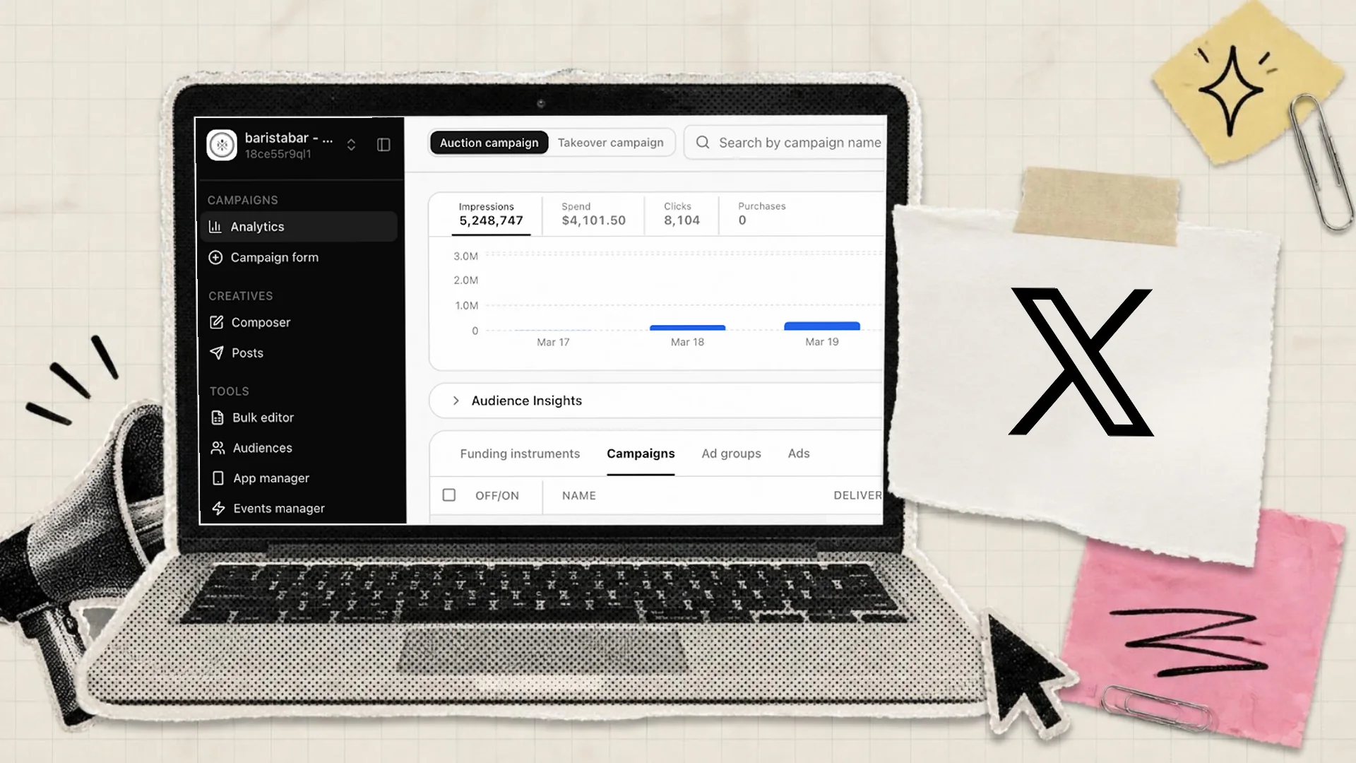 A paper collage of a laptop showing X's Ads Manager, beside a taped paper tag printed with the X logo