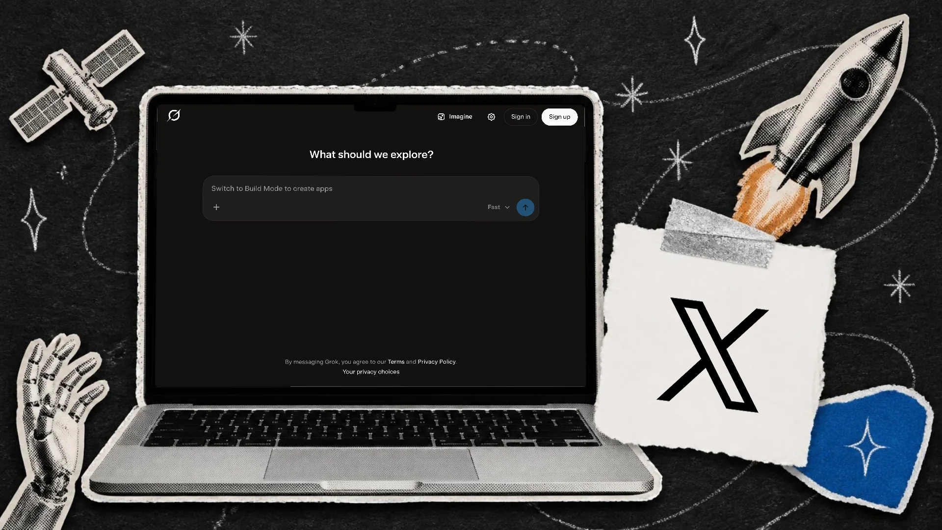 A paper collage on black paper of a laptop showing the Grok start page, beside a rocket, a satellite and the X logo on a taped tag