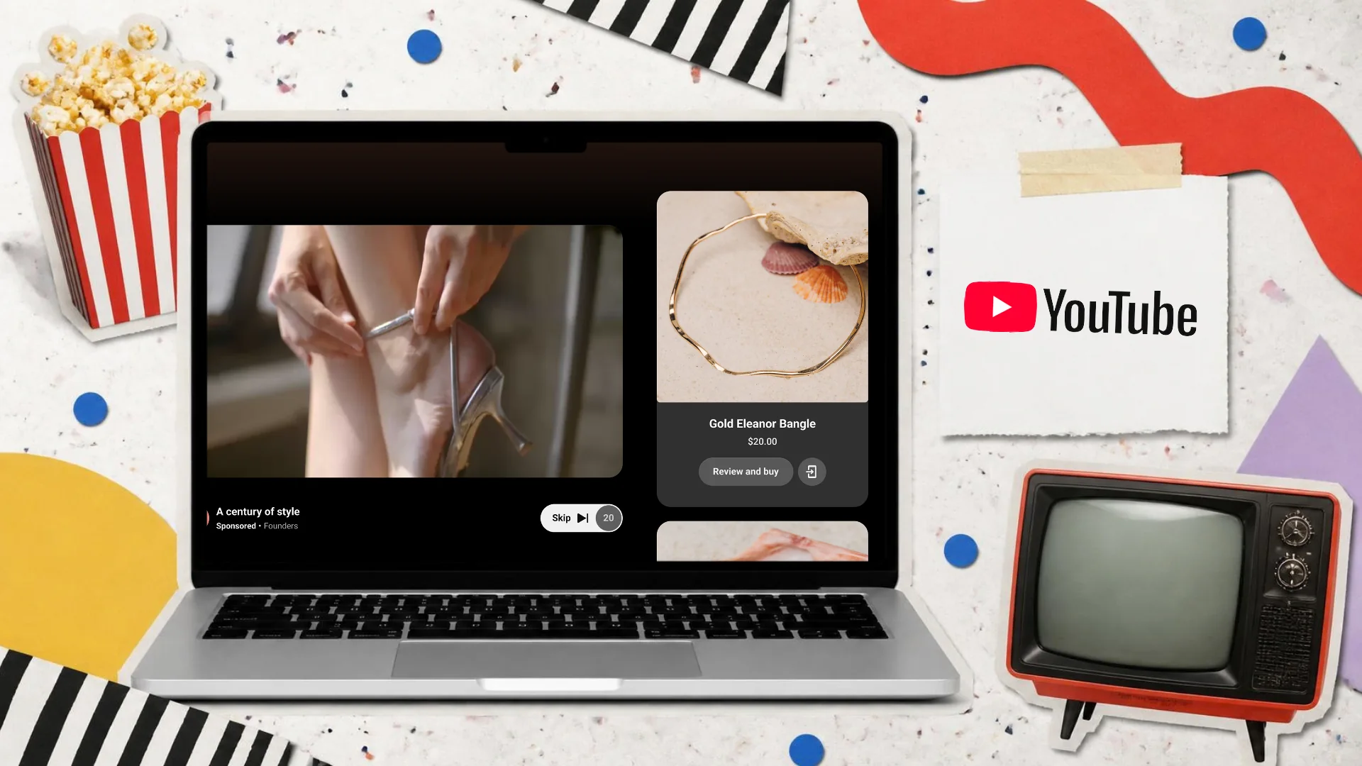 A Memphis-style paper collage of a laptop showing a shoppable YouTube ad with a Review and buy button beside the video, next to popcorn, a retro television and the YouTube logo on a tag