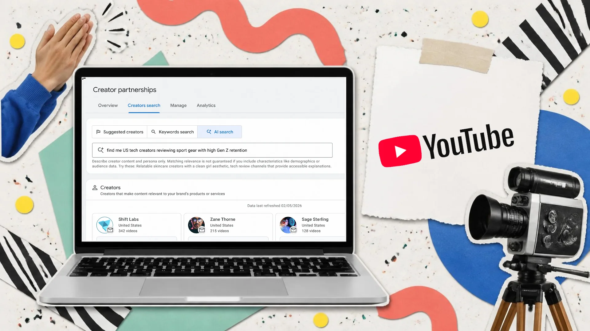A Memphis-style paper collage of a laptop showing YouTube Creator Partnerships creator search with an AI search box, beside clapping hands, a film camera and the YouTube logo on a tag