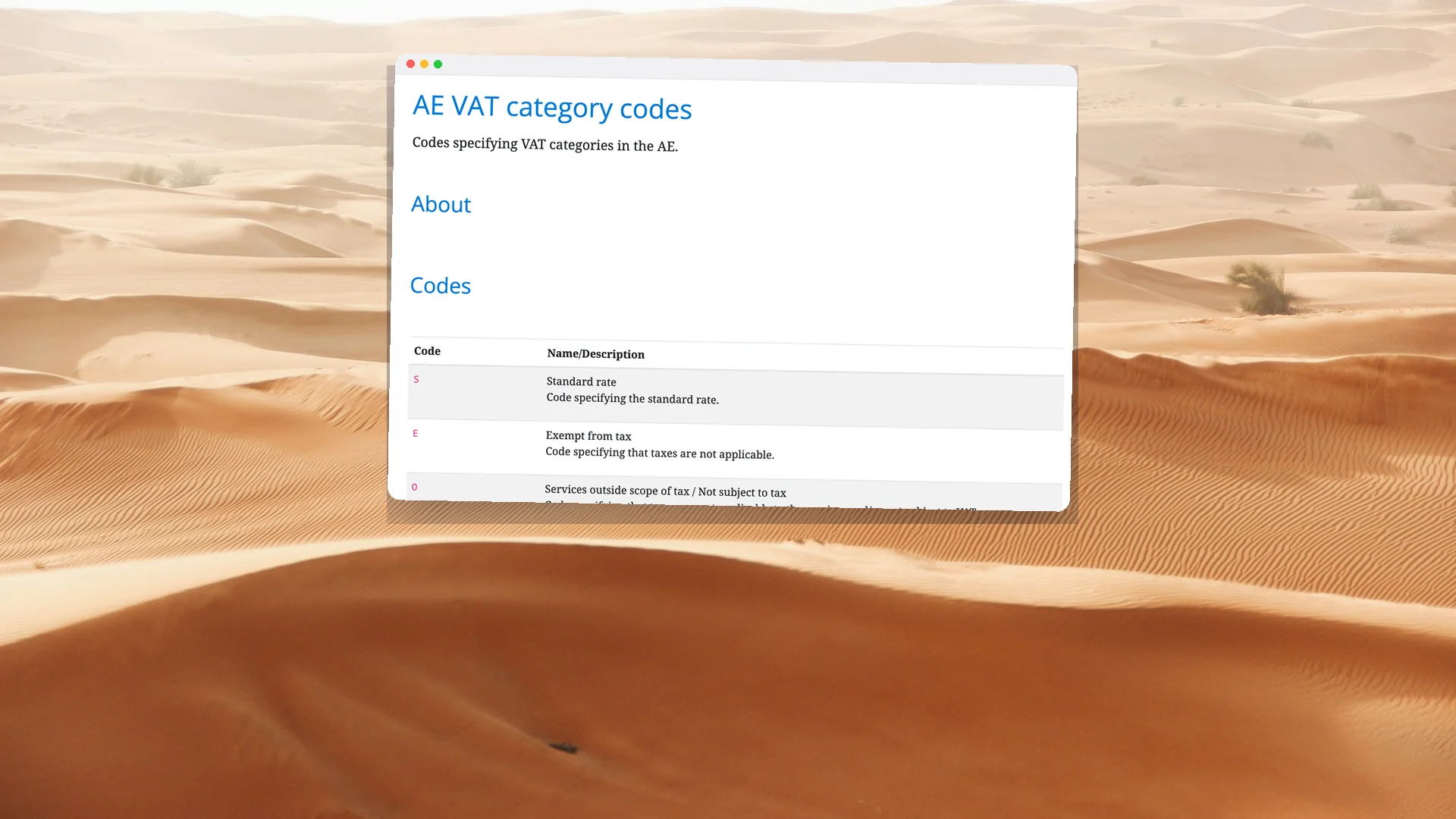 Wind-rippled sand dunes in the Dubai desert, with a window showing the PINT AE list of VAT category codes